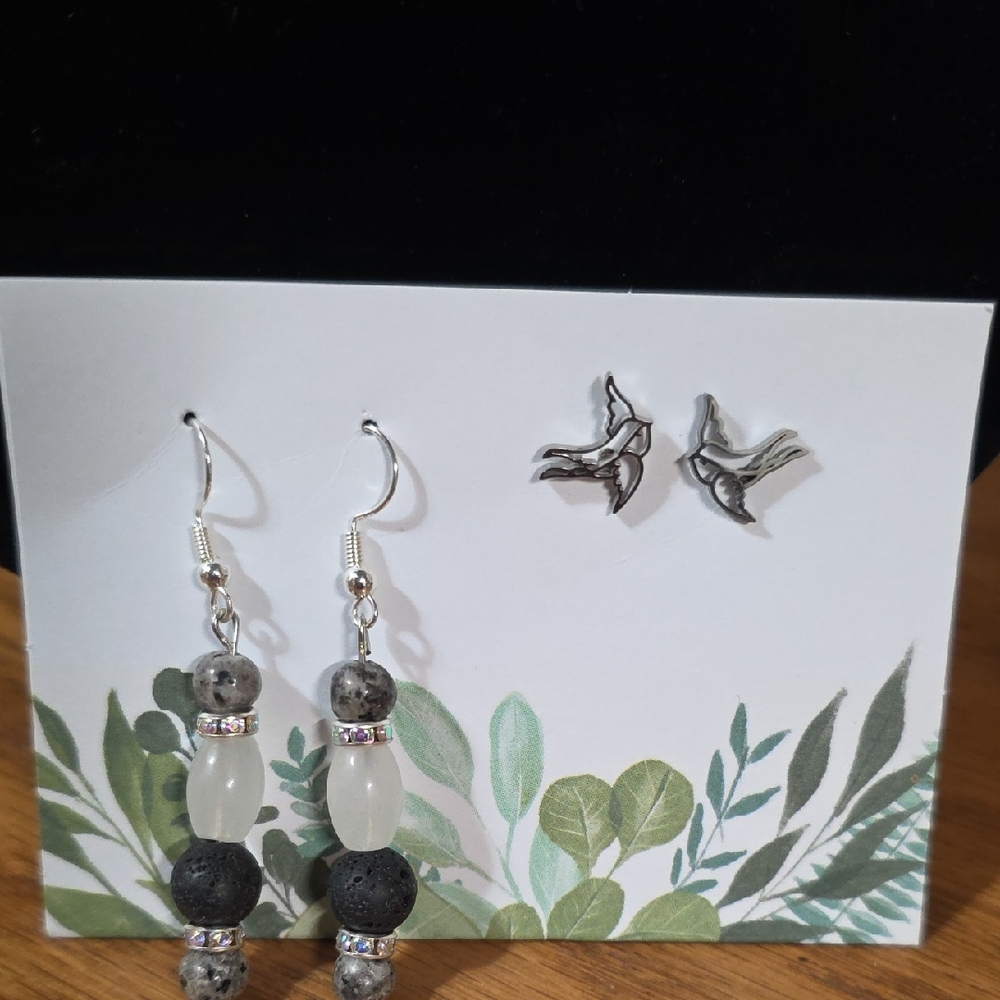 Handmade Grey & White Stone Beaded Drop Earrings